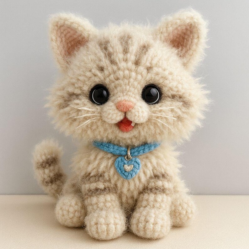Puede incluir: Mu&ntilde;eca de gato de ganchillo hecha a mano, a rayas beige y marr&oacute;n, con grandes ojos negros, una nariz rosa y una boca roja sonriente. El gato lleva un collar azul con un colgante en forma de coraz&oacute;n. El gato est&aacute; sentado.