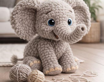 Schema all'uncinetto per elefante in PDF: adorabile e soffice peluche amigurumi, tutorial facile per realizzare un peluche fai da te, schema scaricabile all'istante