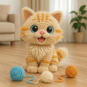 Pode incluir: Uma boneca de gato de crochê feita à mão em tons de laranja e bege, com olhos azuis e boca rosa. O gato está sentado em um chão de madeira com três novelos de lã em azul, creme e laranja.