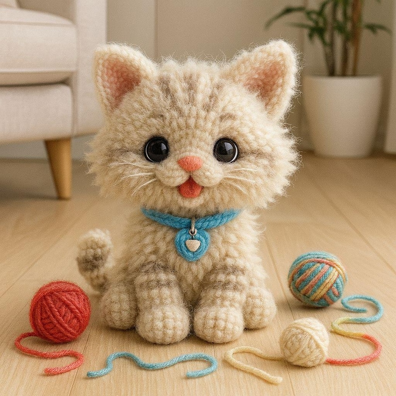 Puede incluir: Un gatito de peluche hecho a mano, con un patr&oacute;n de rayas beige claro y marr&oacute;n. El gatito tiene grandes ojos negros, una nariz rosa y un collar azul con una etiqueta en forma de coraz&oacute;n. Varias madejas de lana en rojo, azul y amarillo est&aacute;n esparcidas.
