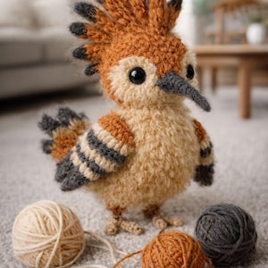 Puede incluir: Un juguete de pájaro de peluche hecho a mano con una cresta distintiva, en tonos de marrón, beige y gris. El pájaro tiene ojos grandes y negros y un pico largo y oscuro. Tres ovillos de hilo crema, naranja y gris están a sus pies. Una creación encantadora y caprichosa.