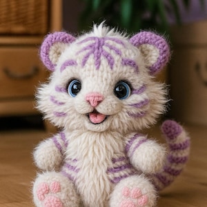 Może przedstawiać: Ręcznie robiony pluszowy tygrysek z białym futrem i fioletowymi paskami. Tygrys ma niebieskie oczy, różowy nos i różowe poduszki łap. Tygrys siedzi na drewnianej podłodze.