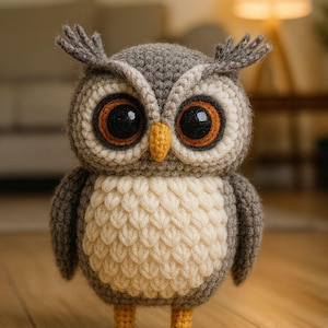 Puede incluir: Una figura de búho de ganchillo hecha a mano con ojos grandes y expresivos. El búho tiene una cabeza y alas grises, un pecho color crema y patas amarillas. El búho está sobre una superficie de madera.