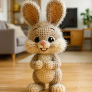 Può includere: Un coniglietto di peluche fatto a mano, con grandi occhi espressivi e un sorriso amichevole. Il coniglietto è principalmente beige con accenti marroni sulle orecchie e sulle zampe. È in piedi su un pavimento di legno.