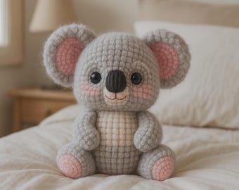 May include: A handmade crochet koala bear with gray fur, pink inner ears, and rosy cheeks. The koala has a black nose and eyes, and is sitting on a bed. The toy is soft and cuddly, perfect for a child's room or nursery.