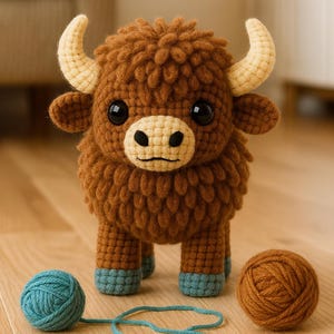 May include: A handcrafted crochet Highland cow figurine with a brown body, tan horns, and blue hooves. The plush toy is displayed on a wooden surface with two balls of yarn, one teal and one brown.