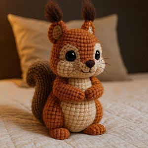 Könnte beinhalten: Ein handgehäkeltes Eichhörnchen in Braun- und Beigetönen. Das Eichhörnchen hat einen buschigen Schwanz, dunkle Augen und Schnurrhaare. Es sitzt auf einem Bett mit einer neutralfarbenen Steppdecke.