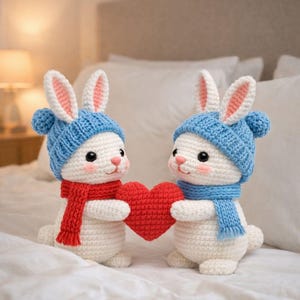Op de afbeelding: Twee gehaakte konijnen, elk met een blauwe muts en sjaal, houden een rood hart vast. De konijnen zijn wit met roze accenten op hun oren en wangen. Het hart is felrood.