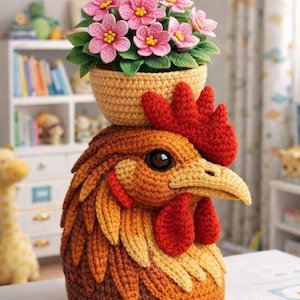 Patrón de funda para maceta con forma de gallo a crochet, decoración de maceta con forma de gallina amigurumi (descarga en PDF)