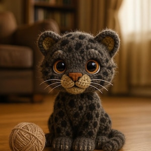 以下が含まれることがあります： 大きな瞳が印象的な、手作りのかぎ針編みヒョウの子ども。ベージュの鼻と耳が特徴です。黒い斑点のある濃いグレーのぬいぐるみで、毛糸玉の隣に座っています。魅力的で柔らかい彫刻です。