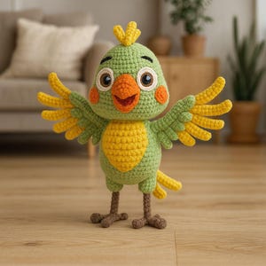 May include: A handmade crochet bird toy. The bird is predominantly green with yellow accents on its chest and wings. It has an orange beak, brown eyes, and small orange cheek spots. The bird's wings are spread, and it stands on two brown feet.