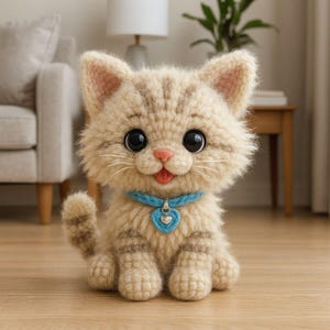 Peut inclure: Une poupée chat en crochet, beige et marron clair, avec de grands yeux noirs et un nez rose. Elle porte un collier bleu avec un pendentif en forme de cœur. L'objet est posé sur un sol en bois.