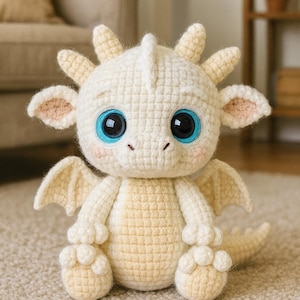 Pode incluir: Um dragão de crochê feito à mão, de cor creme, com grandes olhos azuis e pequenas asas. O dragão tem uma expressão amigável, com bochechas rosadas e uma pequena cauda. O dragão está sentado em um tapete claro.