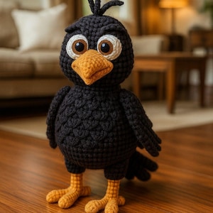 Op de afbeelding: Een handgemaakte zwarte gehaakte vogel met grote, expressieve ogen en een oranje snavel en poten. De vogel heeft een getextureerd uiterlijk en staat op een houten oppervlak. Het ontwerp van de vogel is grillig en charmant.