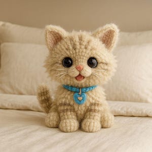Puede incluir: Una mu&ntilde;eca de gato de ganchillo con grandes ojos negros, una nariz rosada y un collar azul con una etiqueta en forma de coraz&oacute;n. El gato tiene un patr&oacute;n de rayas marr&oacute;n claro y beige y est&aacute; sentado en una cama con ropa de cama blanca.