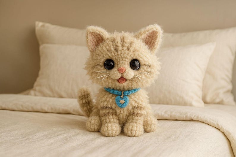 Puede incluir: Una mu&ntilde;eca de gato de ganchillo con grandes ojos negros, una nariz rosada y un collar azul con una etiqueta en forma de coraz&oacute;n. El gato tiene un patr&oacute;n de rayas marr&oacute;n claro y beige y est&aacute; sentado en una cama con ropa de cama blanca.