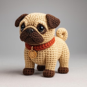 Puede incluir: Un perro carlino de ganchillo con cuerpo beige, orejas marrones y hocico marrón. Tiene ojos grandes y oscuros y lleva un collar rojo con una etiqueta dorada. El perro hecho a mano está sobre una superficie gris.