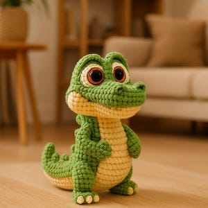 Op de afbeelding: Een handgemaakt gehaakt alligator speelgoed in groen en crème tinten. De alligator heeft grote, expressieve ogen en een vriendelijke glimlach. Het speelgoed staat op een houten vloer, met een vage achtergrond van een woonkamer.
