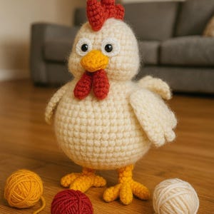 Może przedstawiać: Ręcznie robiony szydełkowy kurczak z kremowym korpusem, czerwonym grzebieniem i koralami oraz żółtym dziobem i nogami. Kurczak otoczony jest trzema kulkami przędzy w kolorach żółtym, czerwonym i kremowym. Projekt rzemieślniczy znajduje się na drewnianej powierzchni.