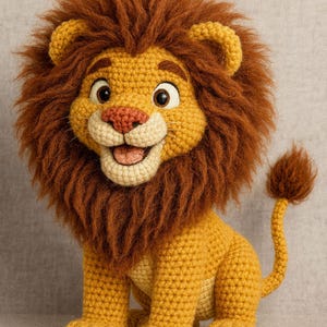 Pu&ograve; includere: Un giocattolo a forma di leone all'uncinetto fatto a mano con un'espressione amichevole. Il leone ha un corpo giallo dorato, una criniera marrone e una piccola coda. Il suo viso ha un naso rosa e una bocca sorridente. Il giocattolo &egrave; fatto di filato morbido.