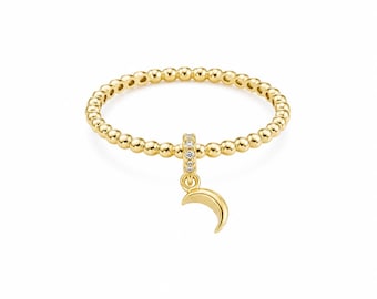 Dainty Gold Beaded Ring Minimalist Moon Charm, Celestial Jewelry
