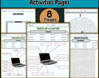 Può includere: Pagine di attività educative per bambini con parti di laptop. Include attività di colorazione, etichettatura e ricerca di parole. Progettato per insegnare ai bambini i componenti di un laptop.