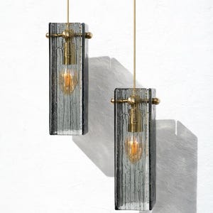 Stained Glass Pendant Light • Smoke Grey Ceiling Lamp with Brass Structure • Custom Multi-Pendant Sets