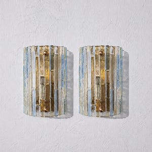 Set of 2 Wall Sconces • Handcrafted Glass Texture in Vintage Style Lighting • Brass Base