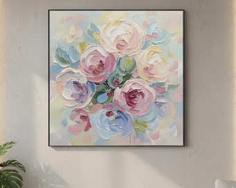 Pastel Textured Floral Painting, Modern Abstract Bouquet Canvas Art, Blush Pink Blue Green Impressionist Wall Decor