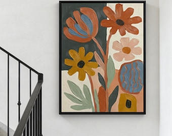 Abstract Floral Painting, Textured Boho Wall Art, Modern Terracotta & Teal Canvas Art, Vibrant Botanical Decor, Original Hand-Painted Style