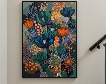 Lebendiges abstraktes Blumenwandkunstgemälde | Bunte botanische Wohnkultur | Moderne Galerie Wand Wohnzimmer Eingangsbereich | Orange Blau Grün