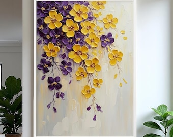Textured Floral Oil Painting | Yellow Purple Impasto Flowers Wall Art | Modern Abstract Palette Knife Art | Original Hand-Painted Canvas