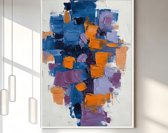 Gran pintura abstracta en azul, naranja y morado, arte acrílico moderno texturizado, lienzo vibrante y llamativo para la decoración de la pared de la sala de estar.