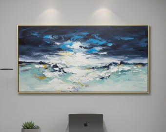 Original Textured Seascape Abstract Painting Gold Frame | Ocean Blue & White Impasto Art | Modern Large Wall Decor Canvas