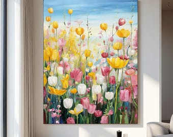 Original Oil Painting | Colorful Tulip Field Impressionist Painting | Large Floral Wall Art | Yellow Pink White Flowers Canvas Art Decor