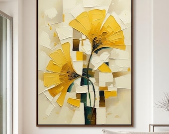 Modern Abstract Yellow Floral Painting Textured Impasto Canvas Art Large Wall Decor Bright Flower Contemporary Home Art