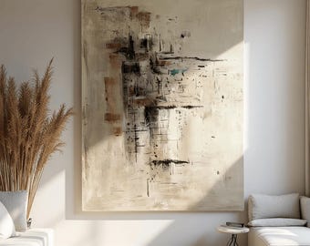 Nadwymiarowy, neutralny, abstrakcyjny obraz, oryginalna sztuka, teksturowany beżowo-czarny, duży obraz ścienny na płótnie do nowoczesnego, minimalistycznego wystroju domu