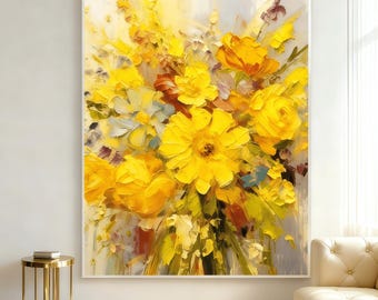 Original Yellow Flower Oil Painting on Canvas, Abstract Colorful Flower Oil Painting, Abstract Textured Floral Art, Living Room Decor
