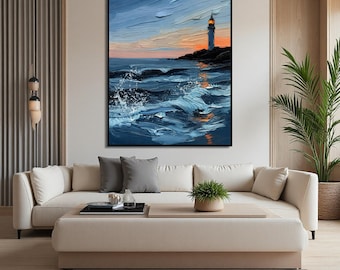 Lighthouse Sunset Impasto Oil Printing,Textured Ocean Wall Art,Coastal Home Decor,Nautical Landscape Painting,Large Canvas Art