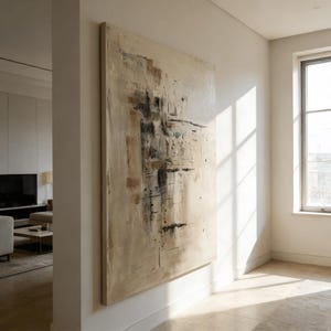 May include: Large abstract painting with a neutral color palette, featuring beige, brown, black, and teal tones. The artwork is mounted on a wall in a well-lit room, showcasing a modern aesthetic. The painting's texture and composition create a focal point.