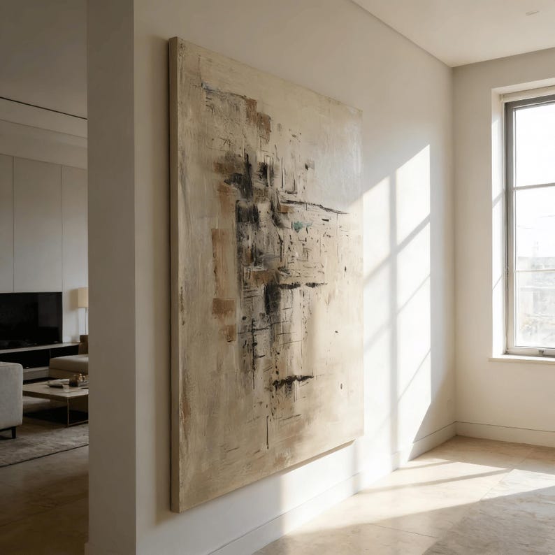 May include: Large abstract painting with a neutral color palette, featuring beige, brown, black, and teal tones. The artwork is mounted on a wall in a well-lit room, showcasing a modern aesthetic. The painting's texture and composition create a focal point.