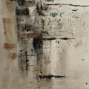May include: Abstract oil painting with a textured surface. The artwork features a palette of neutral tones, including beige, white, brown, and black, with touches of teal. The brushstrokes create a dynamic and layered composition, evoking a sense of depth and movement.