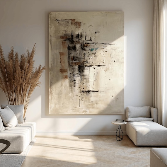 Oversized Neutral Abstract Painting Original Art, Textured Beige Black Large Wall Art on Canvas for Modern Minimalist Home Decor