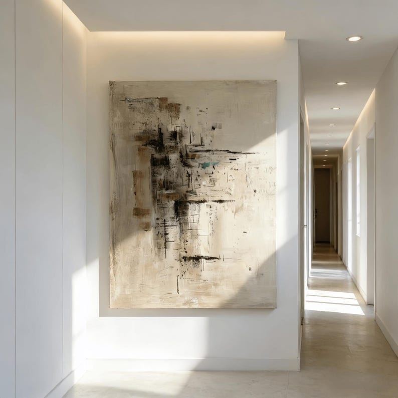 May include: Large abstract painting with beige, brown, and black brushstrokes. The artwork hangs on a white wall in a well-lit hallway. The painting's composition features a mix of geometric and organic shapes.