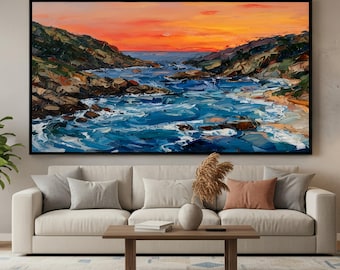 Modern Framed Seascape Oil Painting,Large Ocean Sunset Canvas Wall Art,Coastal Impasto Decor for Living Room,Vibrant Abstract Beach Art