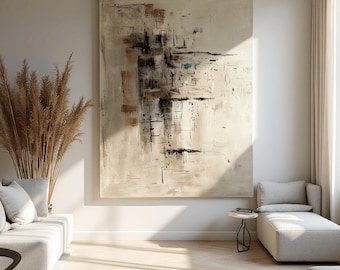 Extra groot neutraal abstract schilderij originele kunst, beige zwart getextureerde grote muurkunst op canvas voor modern minimalistisch interieur