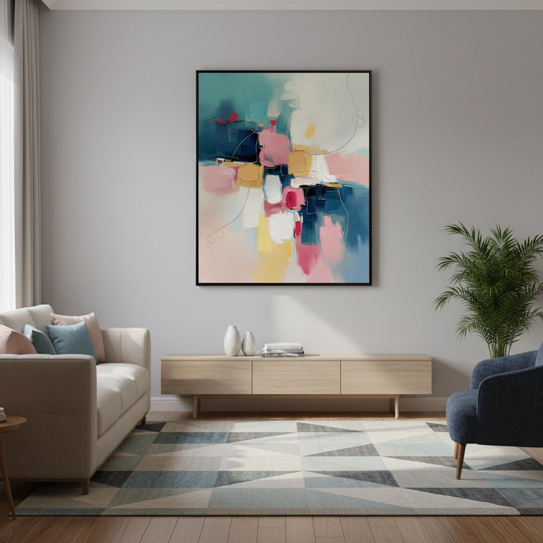 Large Abstract Art | Modern Canvas Painting | Teal Pink Gold Wall Art ...