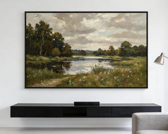 Pintura al óleo original / Arte de paisaje texturizado / Escena de río empaste / Arte mural natural / Pintura de lienzo grande / Decoración del hogar con un tono verde melancólico