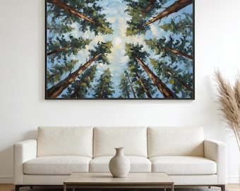 Peinture vue vers le haut de la canopée forestière | Peinture originale d'art à l'huile texturée | Art mural ciel de grands pins | Décoration paysage naturel