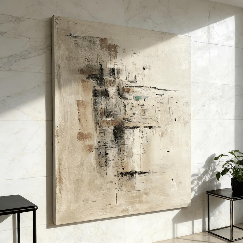 May include: Large abstract canvas art with a neutral color palette. The artwork features a textured design with beige, brown, black, and touches of teal. The painting is mounted on a wooden frame and leans against a white tiled wall.